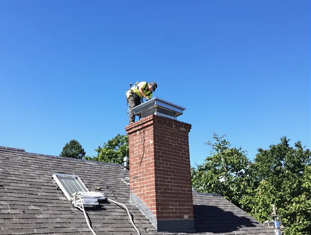 Norwell Chimney Sweep technician measuring a chimney cap in Norwell, MA