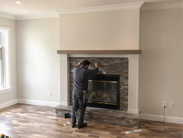 Norwell Chimney Sweep finishing a custom fireplace install in Norwell, MA